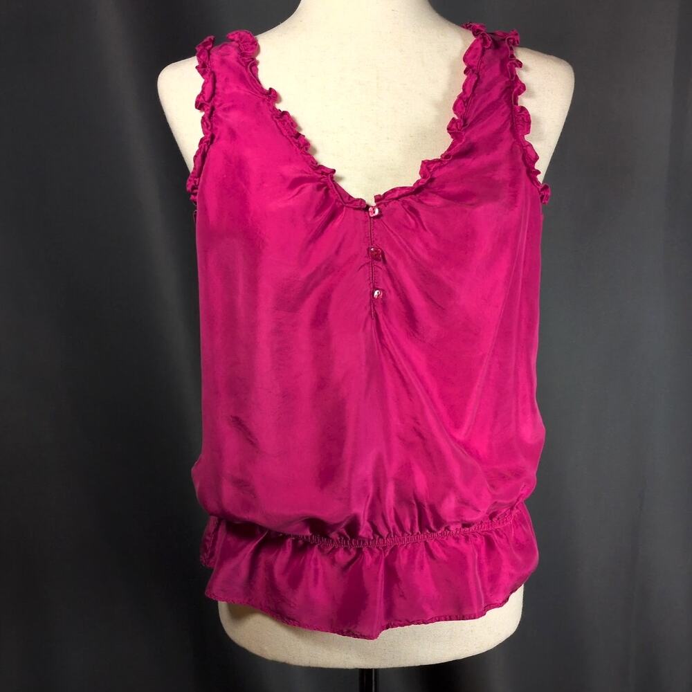 Y2K Old Navy Pink 100% Silk Ruffle Sleeveless 3 Button Blouson Tank Top Medium